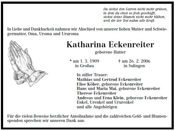 Hutter Katharina 1909-2006 Todesanzeige